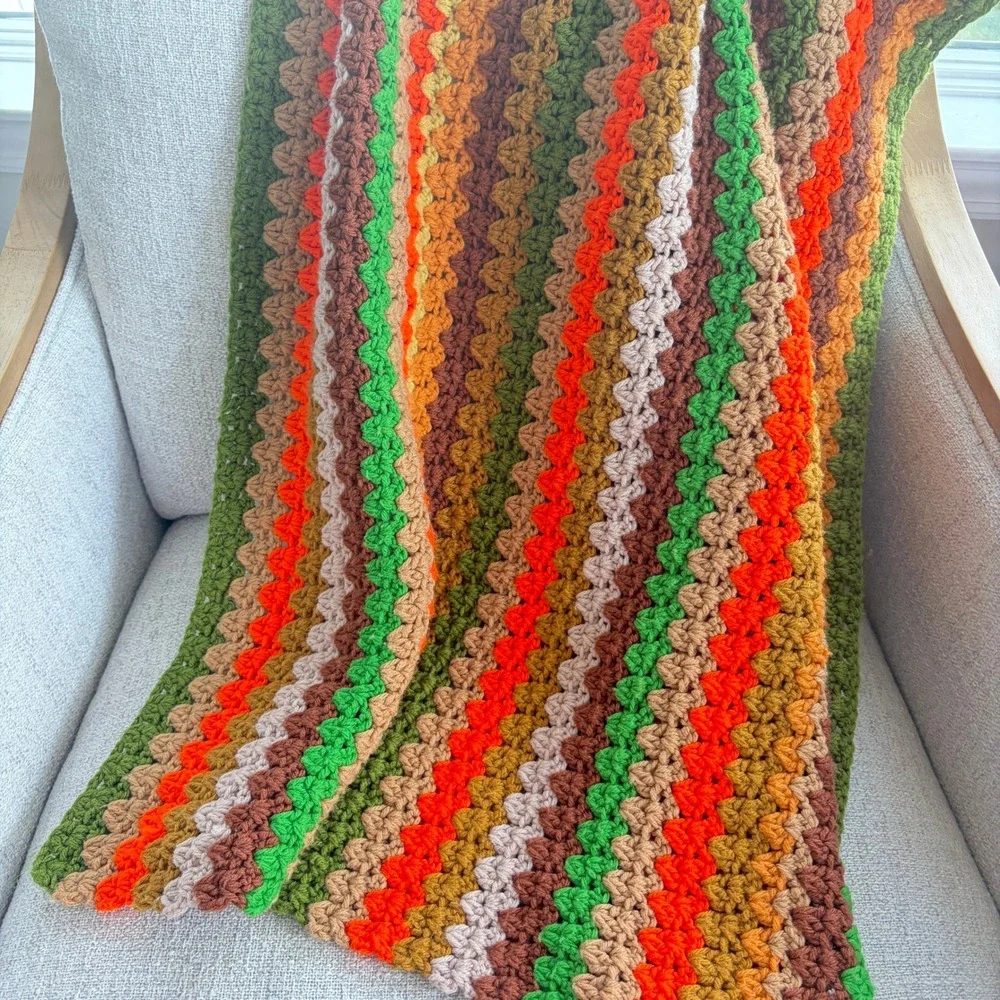 Vintage Handmade Crochet Afghan Blanket 70s Earthy Green Orange Brown 33x77